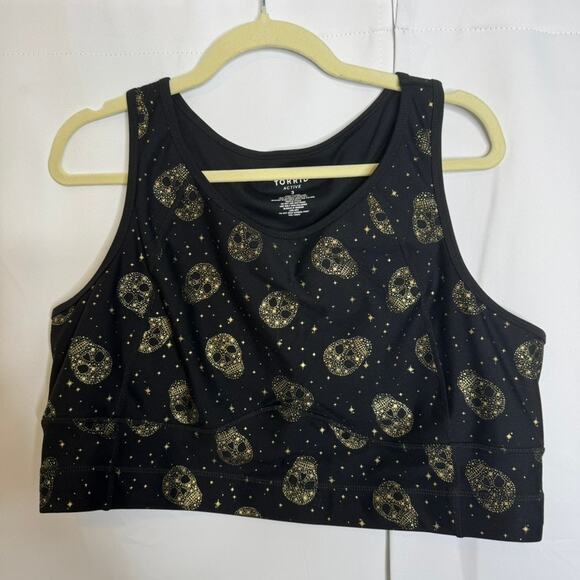 Torrid Active Plus Size Sports Bra 3 (US 22/24) Skull Print Racerback Black/Gold - Picture 2 of 6